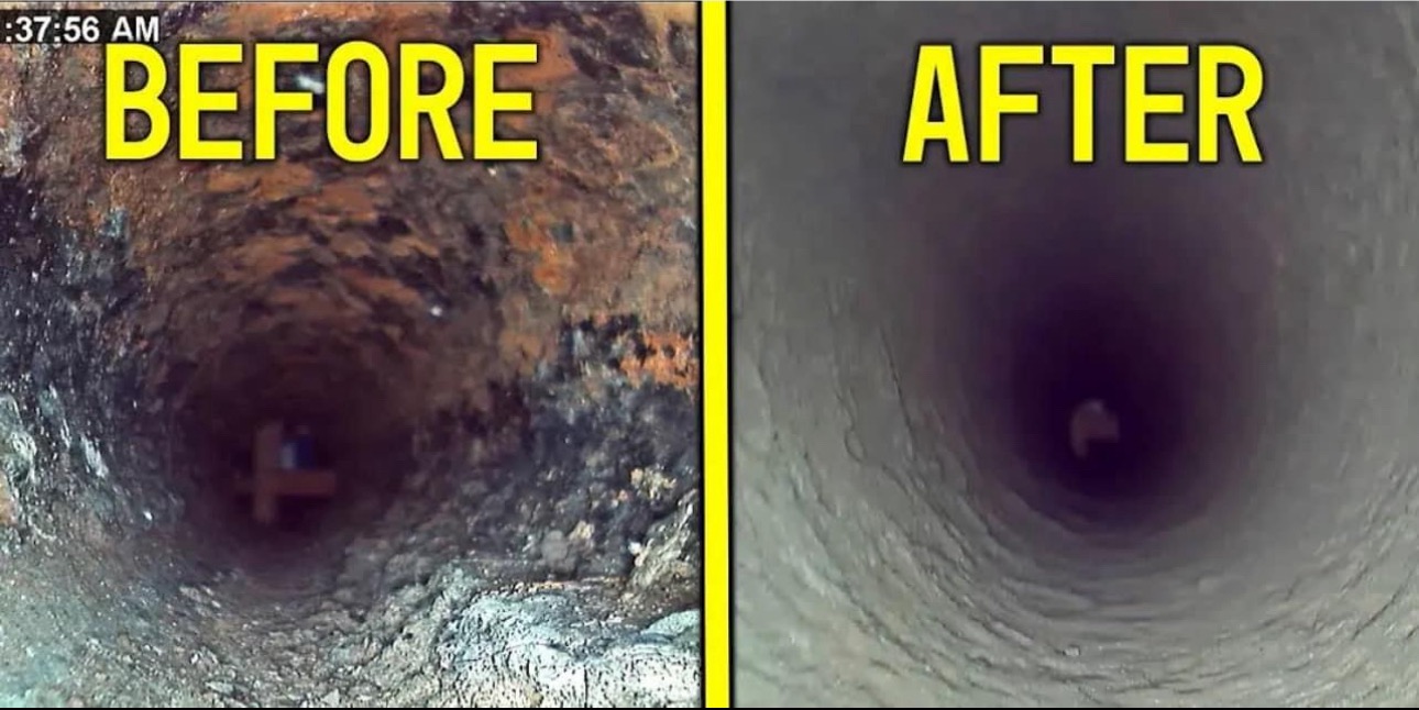 Before and after Images of sewer pipe descaling